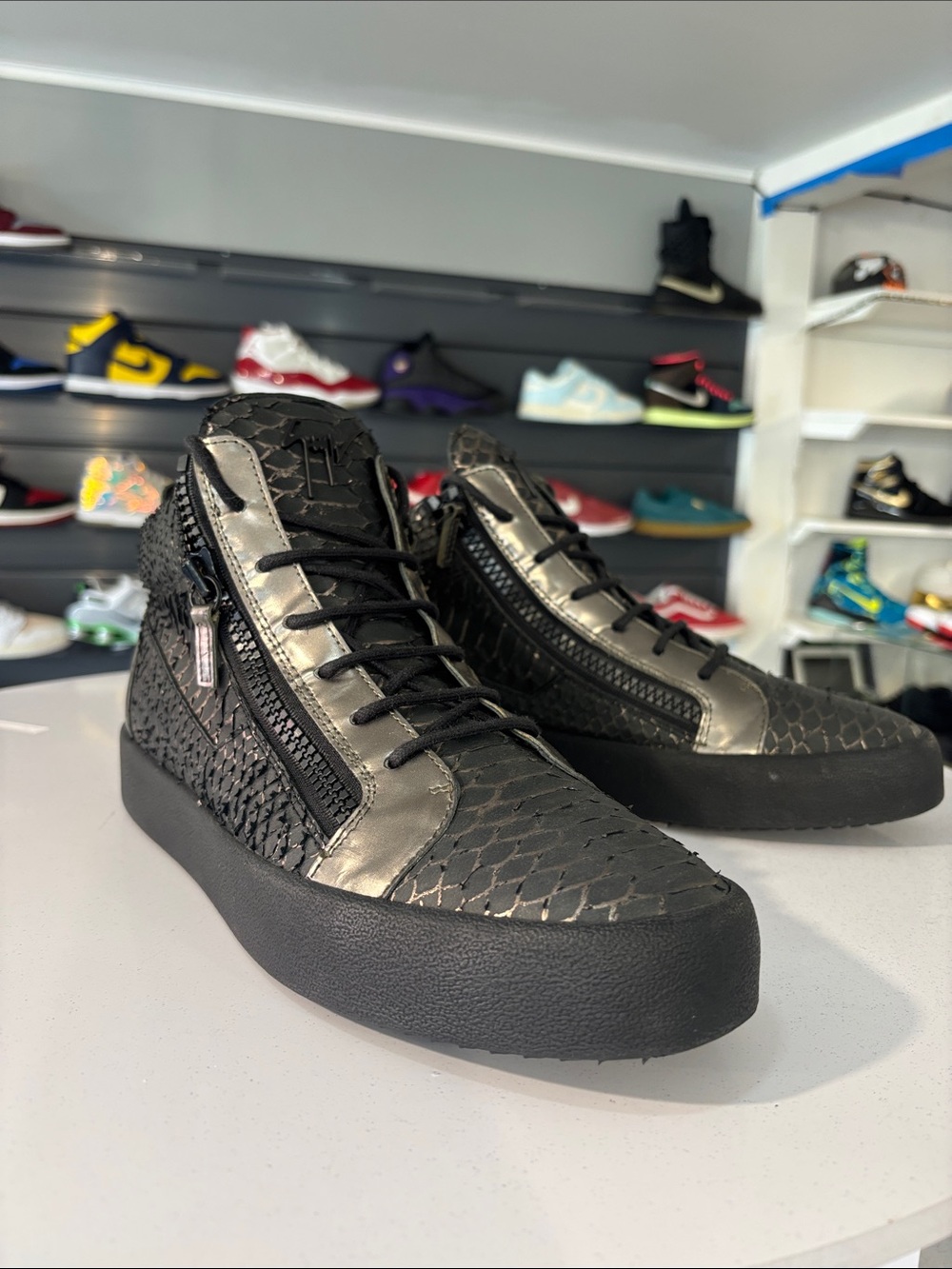 Giuseppe Zanotti Black Python-Embossed Leather Mid Tops Mens Size